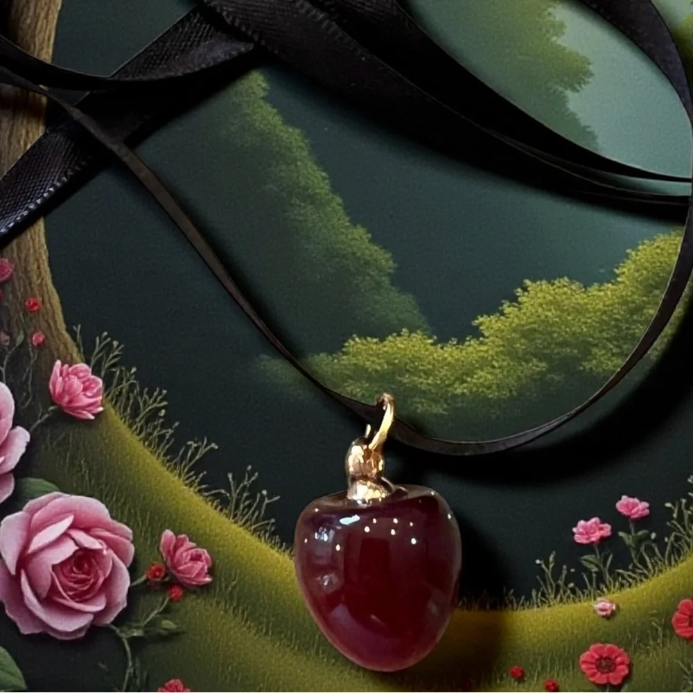 Satin ribbon choker necklace featuring an apple/cherry pendant